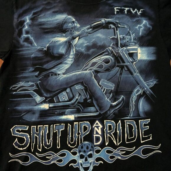 Y2K Liquid Blue FTW Shut Up And Ride Skull Rider Motorcycle Biker Grunge… - Picture 2 of 5